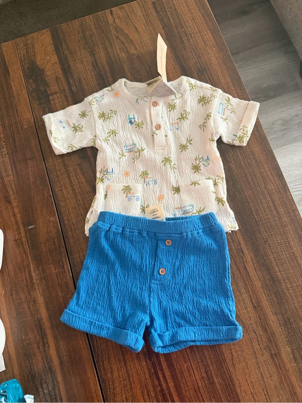 First Impressions White Palm-Print Top with Bright Blue Shorts
